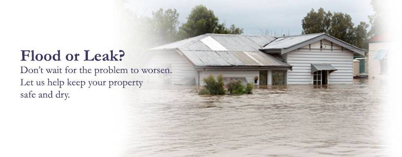 An advertisement featuring partially submerged houses in floodwaters with text overlay, "Flood or leak? Don’t wait for the problem to worsen. Contact our Water Damage Restoration team to keep your