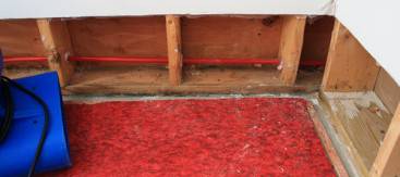 Exposed plumbing with red pipes, installed by a plumber, run through wooden studs in a partially constructed wall, above a vibrant red carpeted floor.