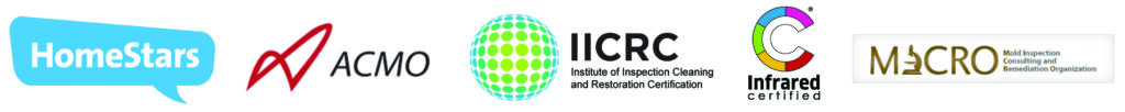 A collection of five business logos: homestars with a speech bubble icon, waco with a circular graphic, iicrc featuring a globe and text design for water damage restoration, c certification mark